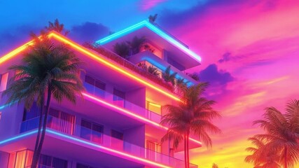Colorful neon-lit building with palm trees during sunset creating vibrant urban atmosphere - Powered by Adobe