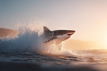 A powerful shark breaching the ocean surface at sunset. Symbolizes strength, danger, and the raw beauty of nature. Ideal for adventure or wildlife themes.