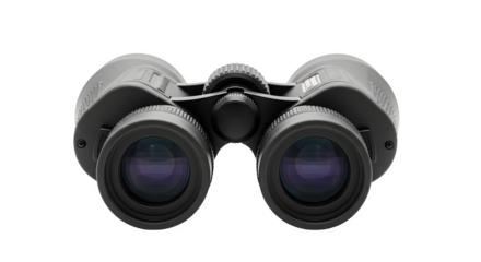 Closeup of black binoculars isolated on transparent background, perfect for outdoor adventures, birdwatching, or surveillance, offering clear vision and precision