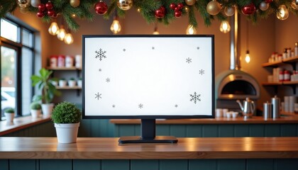 Christmas-themed monitor display in cozy cafe with festive decor  
