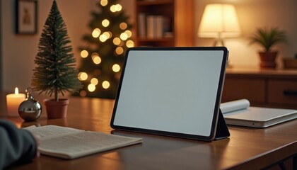 Cozy workspace with tablet, book, and Christmas tree decorations  
