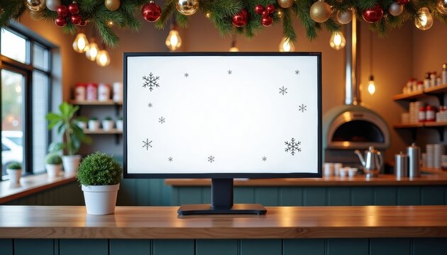 Christmas-themed monitor display in cozy cafe with festive decor  