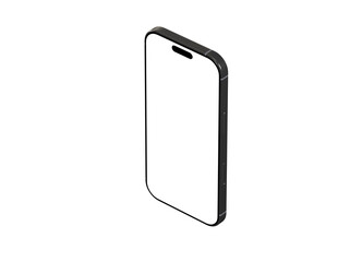 High-quality isometric mockup of a modern black smartphone with blank screen. Perfect for app presentations and technology websites.