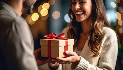 Man gives woman gift gentleman presents package to lady man gives woman gift man