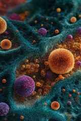 Fototapeta premium Abstract macro view of cellular structures, ideal for science, medicine, or technology concepts. Microscopic textures create a modern, impactful visual.