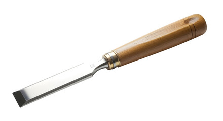 Wood chisel isolated on transparent background, a tool for woodworking and carving, featuring a sharp blade and a comfortable wooden handle for precision work