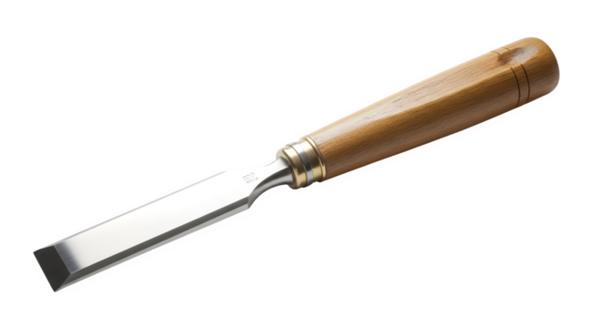 Wood chisel isolated on transparent background, a tool for woodworking and carving, featuring a sharp blade and a comfortable wooden handle for precision work