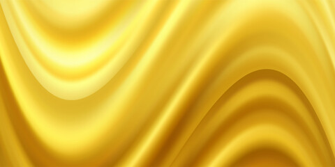Fototapeta premium Golden silk fabric background. Vector realistic illustration of yellow satin cloth with smooth shiny texture, luxury soft textile material with wavy surface, curtain with abstract folds, liquid paint