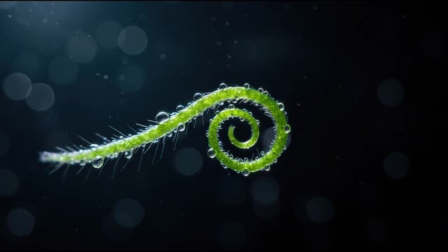 Cinematic Macro View of Spirogyra Algae Filament Coiling with Water Droplets