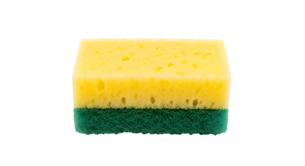 Closeup of a yellow and green sponge isolated on transparent background, perfect for cleaning and household chores, showcasing its texture and color