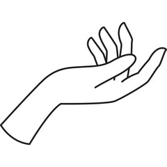 Elegant line drawing of an open palm and fingers reaching upwards on a transparent background representing grace and offering