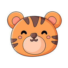 Cute smiling cartoon tiger face illustration isolated on transparent background.
