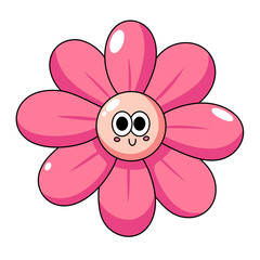 Cute pink smiling cartoon flower illustration isolated on transparent background.