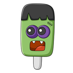 Cute Frankenstein popsicle with big eyes and funny face isolated on transparent background.