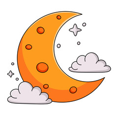 Cute orange crescent moon with clouds and stars isolated on transparent background.