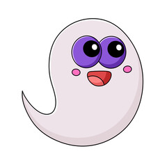 Happy cute ghost with big purple eyes isolated on transparent background.
