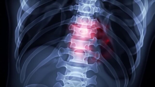 X-Ray of Spine with Red Highlighted Area Indicating Injury.