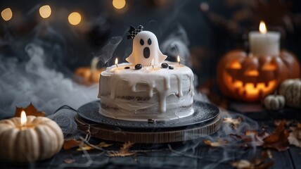 Festive Halloween cake with ghost topper, dripping white icing, and lit candles surrounded by pumpkins, leaves, and spooky decor.