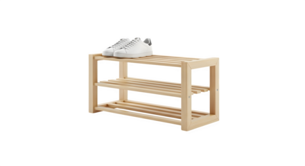 Wooden shoe rack with two white sneakers isolated on transparent background, offering a practical and stylish storage solution for footwear