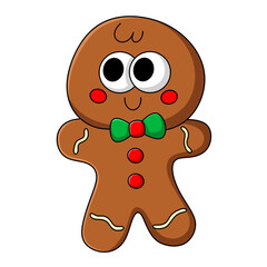 Cute gingerbread man cookie with red buttons and green bow tie, cartoon style, isolated on transparent background