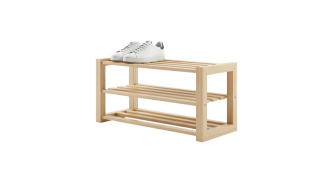 Wooden shoe rack with two white sneakers isolated on transparent background, offering a practical and stylish storage solution for footwear