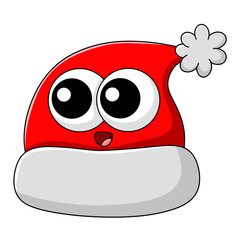 Cute red Santa hat with big eyes and fluffy trim, cartoon style, isolated on transparent background