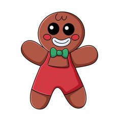 Cute smiling gingerbread man in red outfit with green bow tie, isolated on transparent background