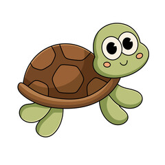 Cute smiling cartoon turtle with brown shell and big eyes, isolated on transparent background