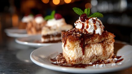 Irresistible layered dessert with cream, garnished with chocolate syrup and berries on a plate, epitomizing indulgent treats and delighting dessert lovers everywhere.