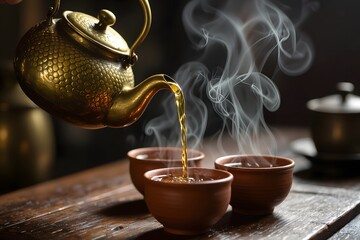 Steaming hot tea poured from an ornate teapot into ceramic cups