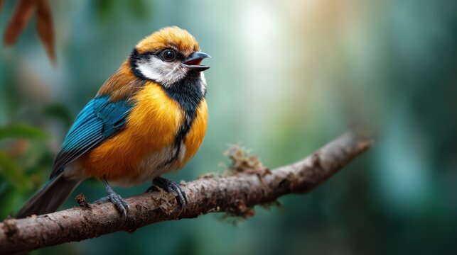 A vibrant bird perches on a tree branch, serenading its surroundings with melodic song, showcasing nature's beauty and the liveliness of wildlife.