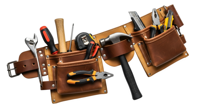 Tool belt with various tools isolated on transparent background, essential equipment for construction, repair, and home improvement projects