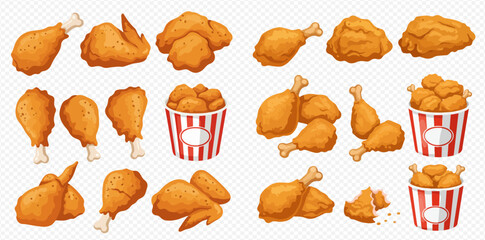 Illustration of fried chicken pieces, including drumsticks, wings, and nuggets, some in buckets.