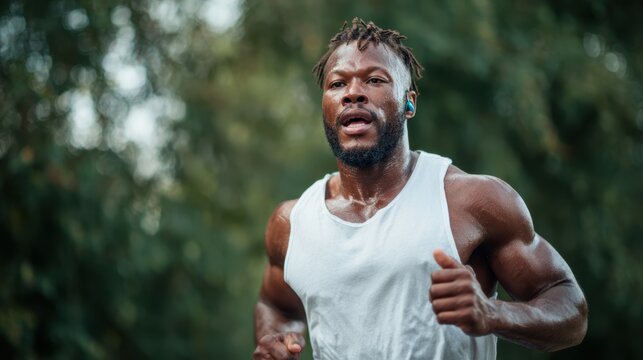 A muscular man is seen running outdoors, radiating focus and determination, showcasing the essence of strength and dedication in physical fitness and wellness.