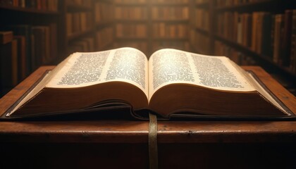 Fototapeta premium Open Bible on wooden table inside old library. Pages with scripture text illuminated by warm divine light. Ancient holy book represents study faith, spiritual wisdom. Christian religious concept of