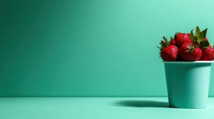 A collection of ripe red strawberries sits in a turquoise pot, creating a fresh and vibrant aesthetic against a smooth flat surface, symbolizing summer's bounty.