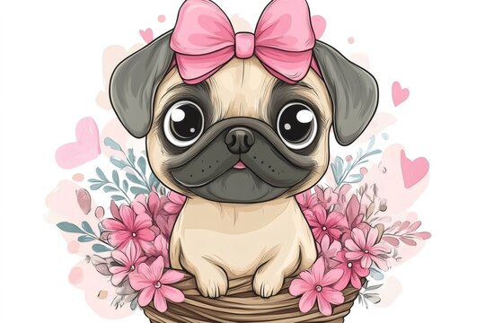 Cute pug puppy cartoon with pink bow
