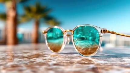 A fashionable pair of sunglasses resting on a glistening table by the beach, with a vibrant background conveying relaxation and sunny days.