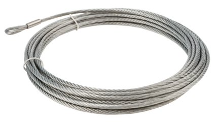Close-up of a Strong steel wire rope or metal cable  coiled neatly for industrial use. Heavy-duty isolated on transparent background 