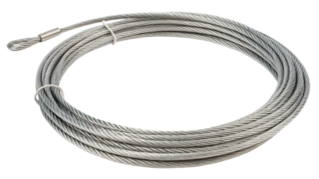 Close-up of a Strong steel wire rope or metal cable  coiled neatly for industrial use. Heavy-duty isolated on transparent background 