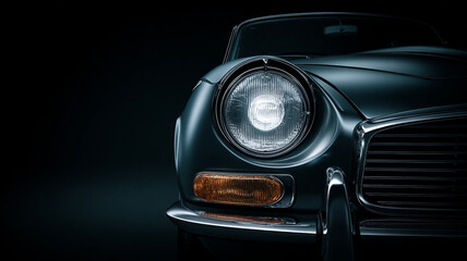 Sleek, nostalgic illustration of vintage classic car headlight and chrome bumper. This close up automotive automobile detail features retro blue design on dark background
