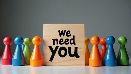 Colorful pawns surround wooden sign that says we need you. This visual metaphor represents teamwork, recruitment, or a call for support and participation.