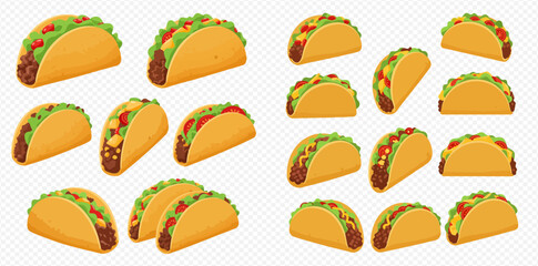 A collection of cartoon tacos with various fillings and toppings.