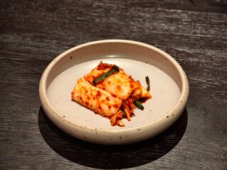 Korean spicy fermented cabbage (Kimchi) in bowl on table