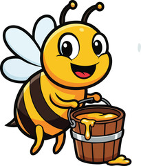 Cartoon Bee Carrying Bucket of Honey with Happy Expression.