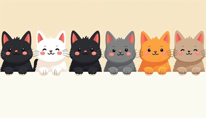 Obraz premium Six cartoon cats in a row, black, white, grey, orange, and tan, peek over a white surface. Their paws rest on top, showing cute faces with closed or open eyes and blushing cheeks. Simple background.