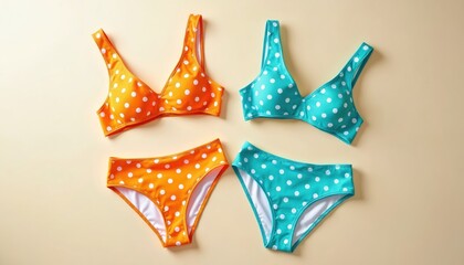 Two polka dot bikini sets on beige background. Swimwear includes tops and bottoms in orange and turquoise. Beachwear is trendy, vibrant and colourful. Summer season clothing is casual and feminine.