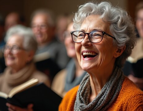 Group senior choir members perform music together. Joyful elderly people sing in community. Smiling seniors in glasses enjoy choir performance, singing with happiness, fun.