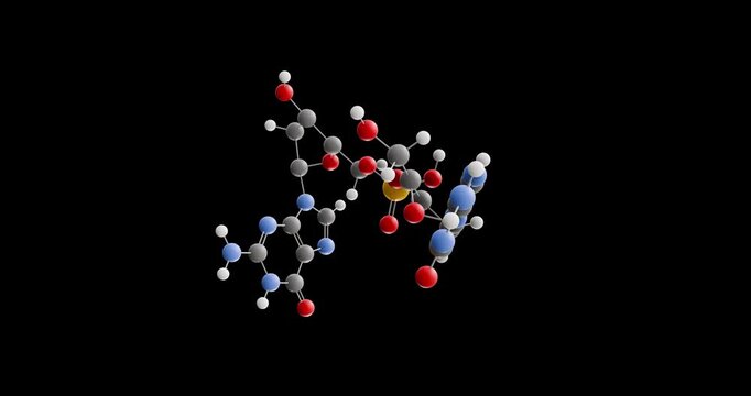 Guadecitabine molecule, rotating 3D model of dinucleotide antimetabolite, looped video on a black background
