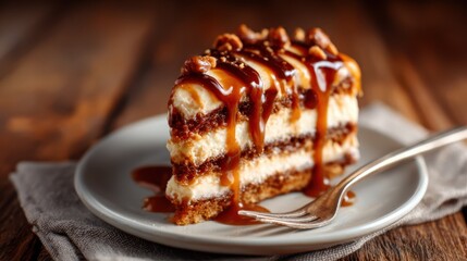 A delectable slice of a layered cake is plated elegantly with a rich caramel drizzle, inviting indulgence and delight, perfect for sweet moments and celebrations in the kitchen.
